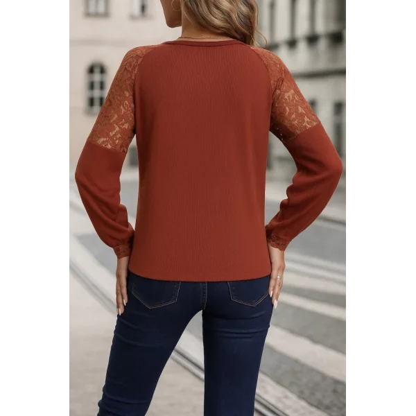 Kadın Uzun Kollu V Yakalı Dantelli Waffle Bluz