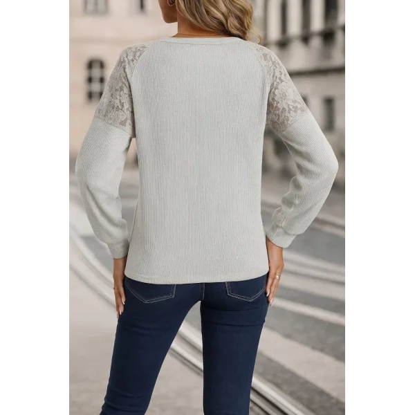 Kadın Uzun Kollu V Yakalı Dantelli Waffle Bluz