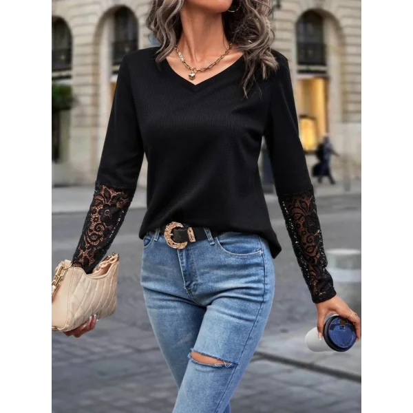 Kadın Uzun Kollu V Yakalı Dantelli Waffle Bluz
