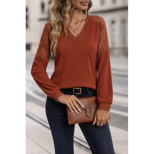 Kadın Uzun Kollu V Yakalı Dantelli Waffle Bluz