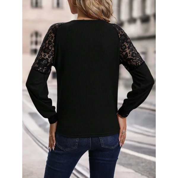 Kadın Uzun Kollu V Yakalı Dantelli Waffle Bluz