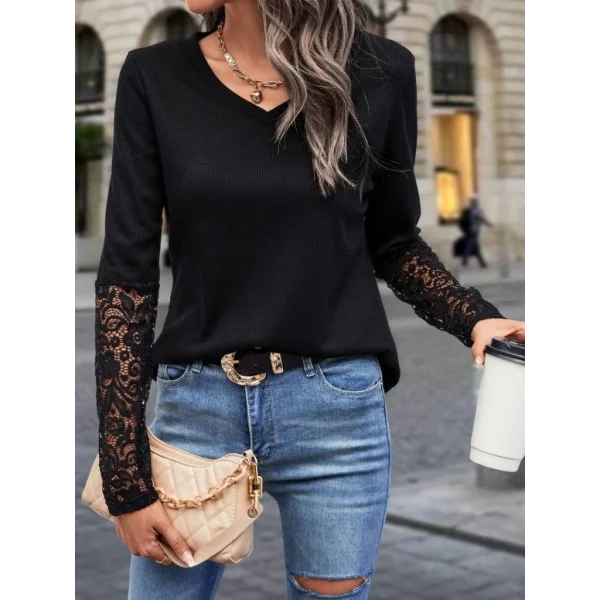 Kadın Uzun Kollu V Yakalı Dantelli Waffle Bluz