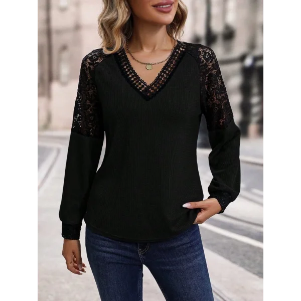 Kadın Uzun Kollu V Yakalı Dantelli Waffle Bluz