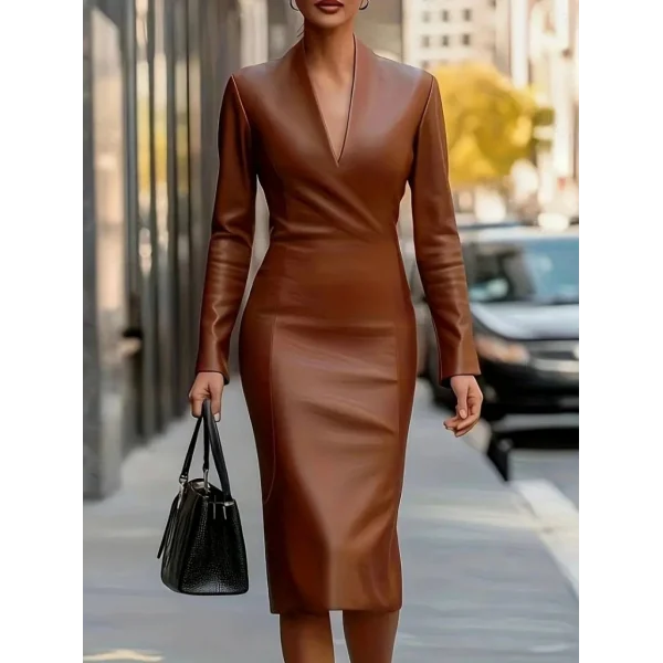 Kadın Uzun Kollu V Yakalı Deri Midi Elbise