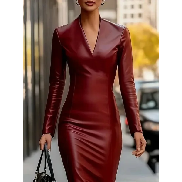 Kadın Uzun Kollu V Yakalı Deri Midi Elbise