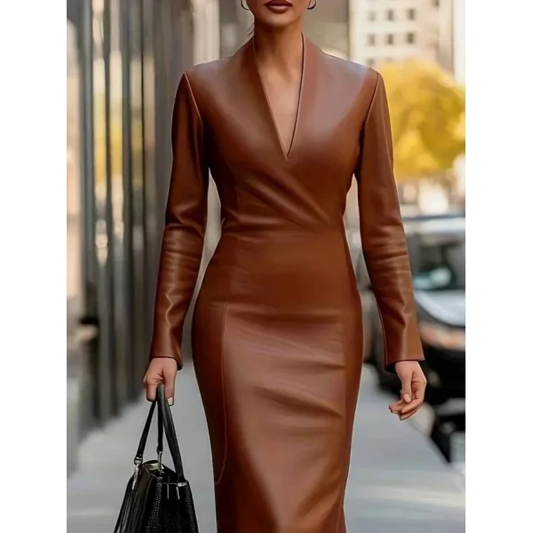 Kadın Uzun Kollu V Yakalı Deri Midi Elbise