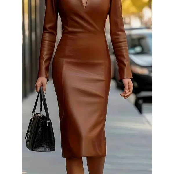 Kadın Uzun Kollu V Yakalı Deri Midi Elbise
