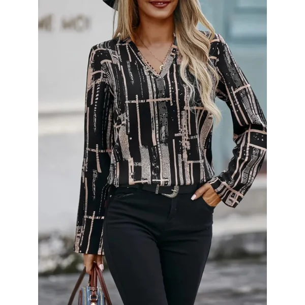 Kadın Uzun Kollu V Yakalı Desenli Dalgıç Bluz