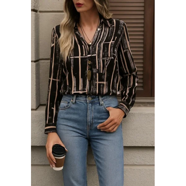 Kadın Uzun Kollu V Yakalı Desenli Dalgıç Bluz