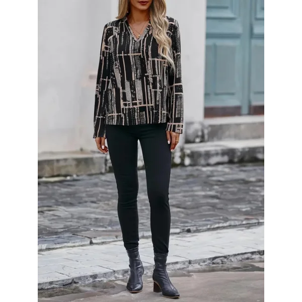Kadın Uzun Kollu V Yakalı Desenli Dalgıç Bluz