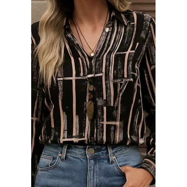 Kadın Uzun Kollu V Yakalı Desenli Dalgıç Bluz