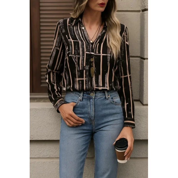 Kadın Uzun Kollu V Yakalı Desenli Dalgıç Bluz