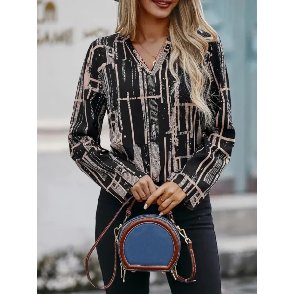 Kadın Uzun Kollu V Yakalı Desenli Dalgıç Bluz