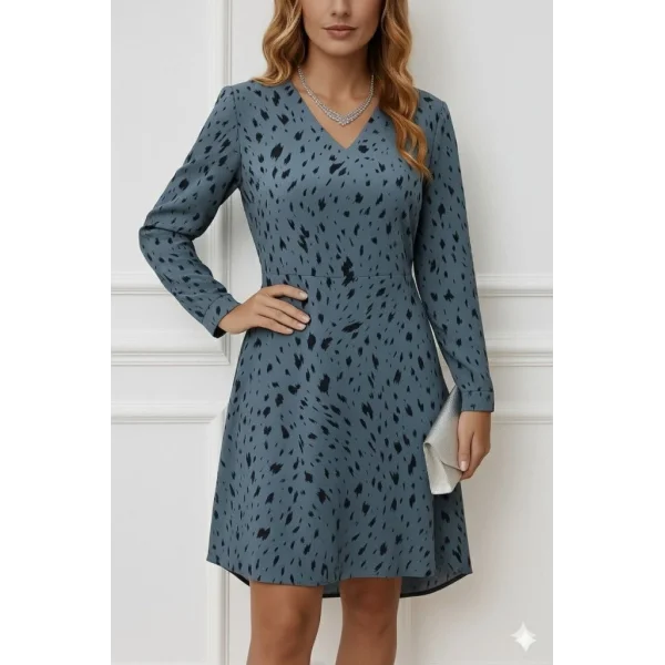 Kadın Uzun Kollu V Yakalı Desenli Kısa Keten Elbise