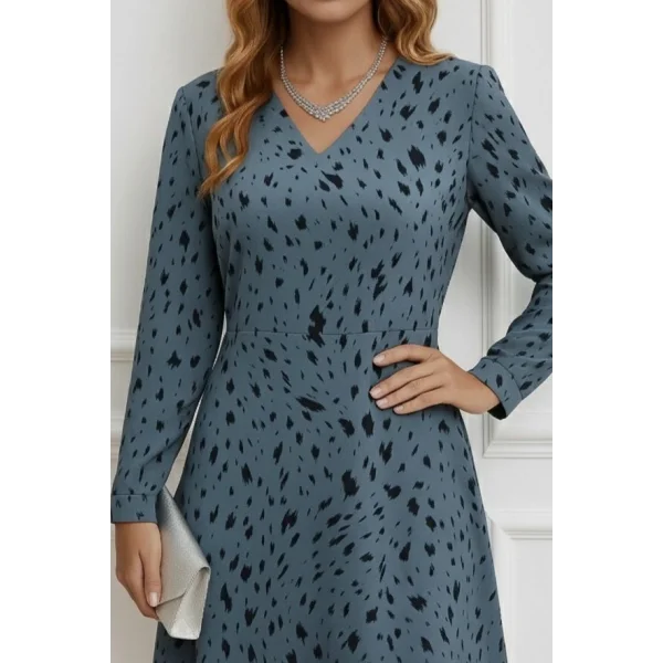 Kadın Uzun Kollu V Yakalı Desenli Kısa Keten Elbise