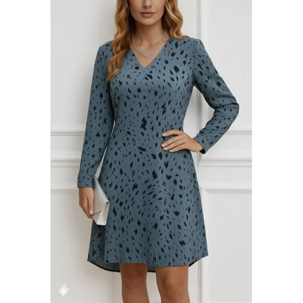 Kadın Uzun Kollu V Yakalı Desenli Kısa Keten Elbise