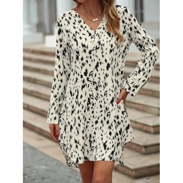 Kadın Uzun Kollu V Yakalı Desenli Kısa Keten Elbise