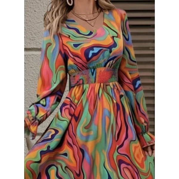 Kadın Uzun Kollu V Yakalı Desenli Maxi Süprem Elbise