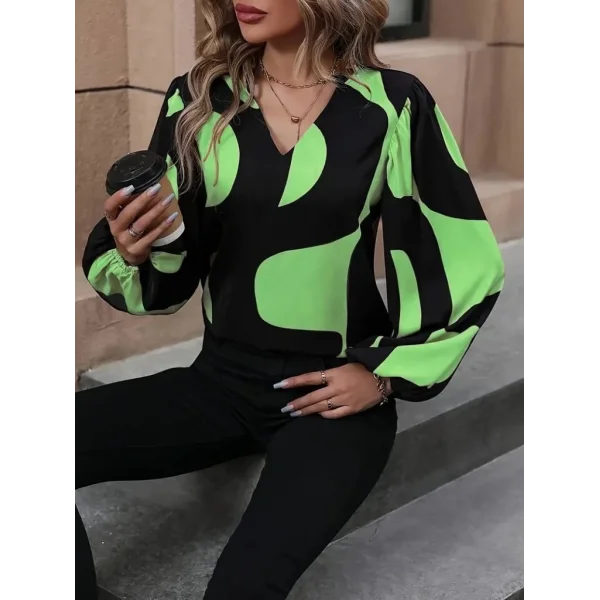 Kadın Uzun Kollu V Yakalı Desenli Modal Bluz