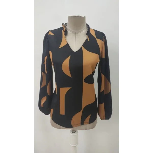 Kadın Uzun Kollu V Yakalı Desenli Modal Bluz