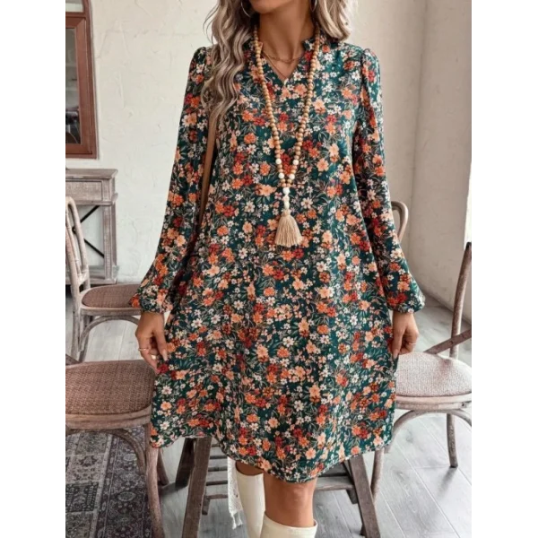 Kadın Uzun Kollu V Yakalı Desenli Modal Mini Elbise