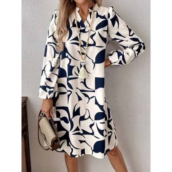 Kadın Uzun Kollu V Yakalı Desenli Modal Mini Elbise