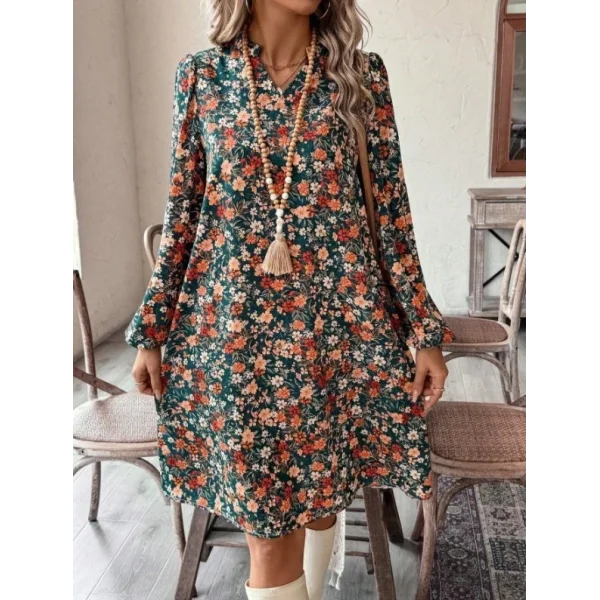 Kadın Uzun Kollu V Yakalı Desenli Modal Mini Elbise