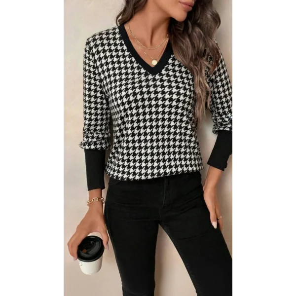 Kadın Uzun Kollu V Yakalı Desenli Süprem Bluz