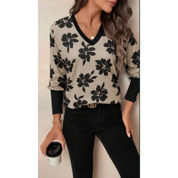 Kadın Uzun Kollu V Yakalı Desenli Süprem Bluz