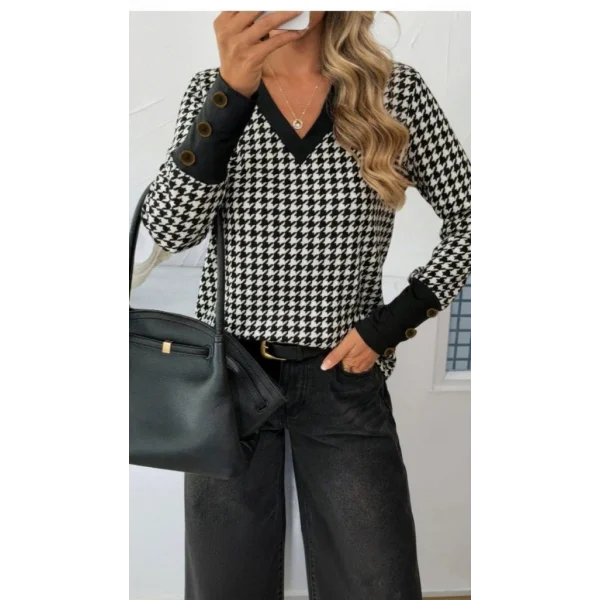 Kadın Uzun Kollu V Yakalı Desenli Süprem Bluz