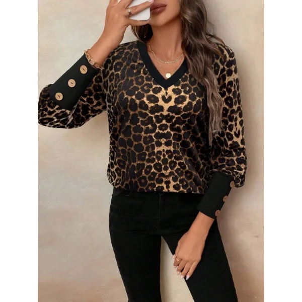 Kadın Uzun Kollu V Yakalı Desenli Süprem Bluz