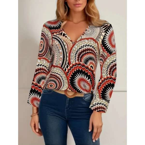 Kadın Uzun Kollu V Yakalı Desenli Süprem Bluz