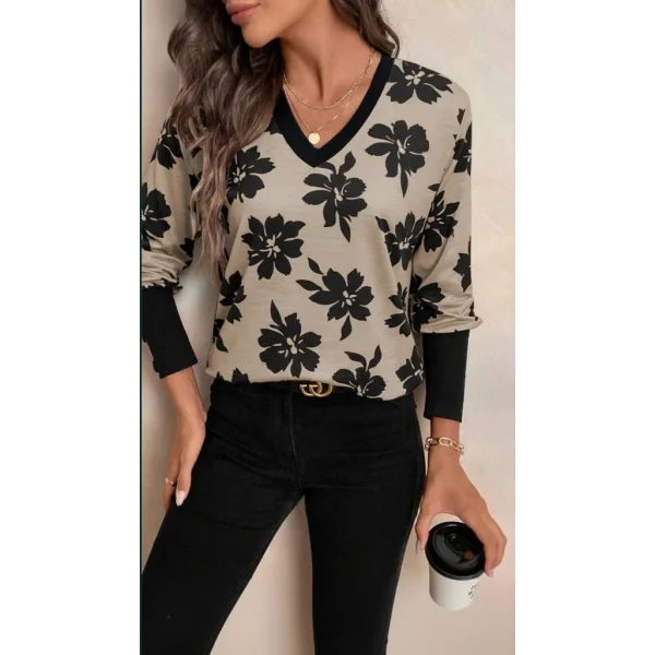 Kadın Uzun Kollu V Yakalı Desenli Süprem Bluz