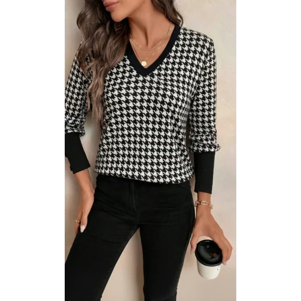 Kadın Uzun Kollu V Yakalı Desenli Süprem Bluz