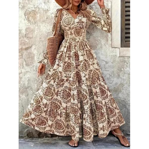 Kadın Uzun Kollu V Yakalı Desenli Süprem Elbise