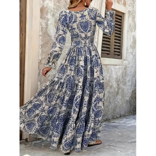 Kadın Uzun Kollu V Yakalı Desenli Süprem Elbise