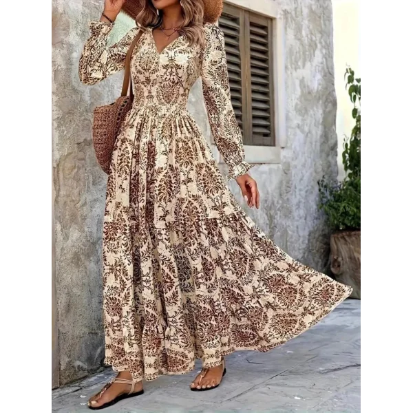 Kadın Uzun Kollu V Yakalı Desenli Süprem Elbise