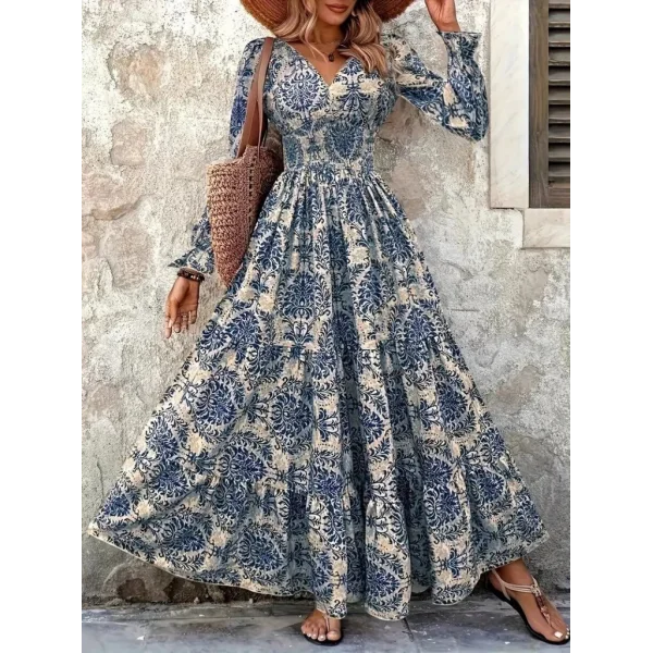 Kadın Uzun Kollu V Yakalı Desenli Süprem Elbise