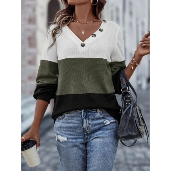 Kadın Uzun Kollu V Yakalı Düğmeli çok Renkli Waffle Bluz