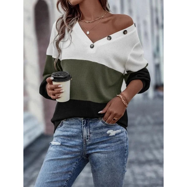 Kadın Uzun Kollu V Yakalı Düğmeli çok Renkli Waffle Bluz