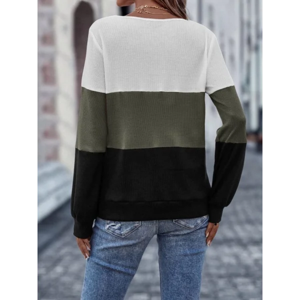 Kadın Uzun Kollu V Yakalı Düğmeli çok Renkli Waffle Bluz