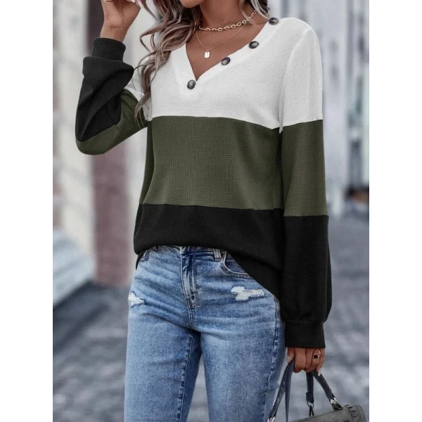 Kadın Uzun Kollu V Yakalı Düğmeli çok Renkli Waffle Bluz