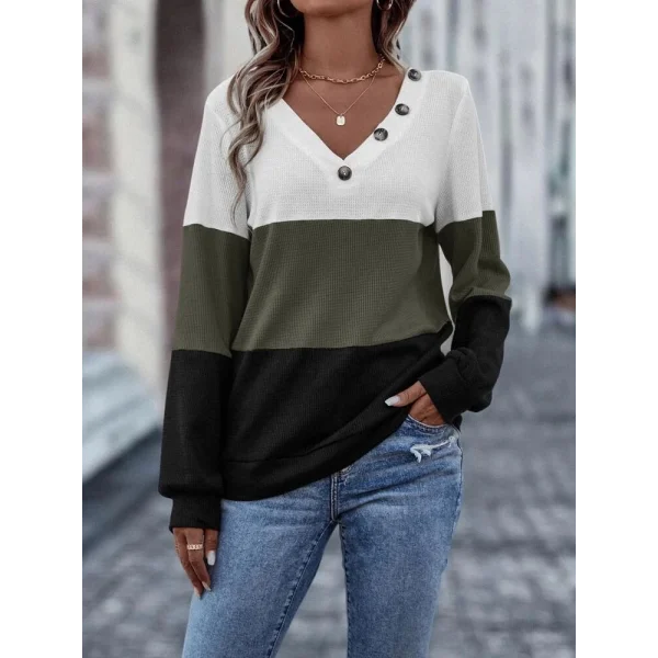 Kadın Uzun Kollu V Yakalı Düğmeli çok Renkli Waffle Bluz