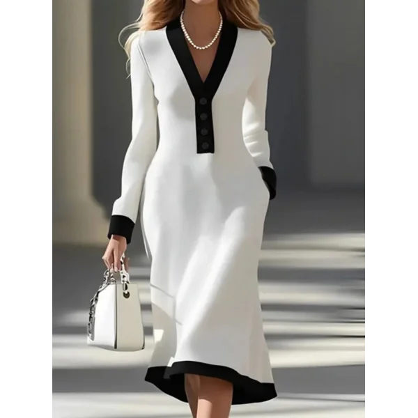 Kadın Uzun Kollu V Yakalı Düğmeli Midi Modal Elbise