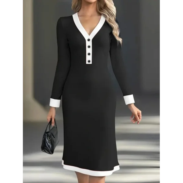 Kadın Uzun Kollu V Yakalı Düğmeli Midi Modal Elbise