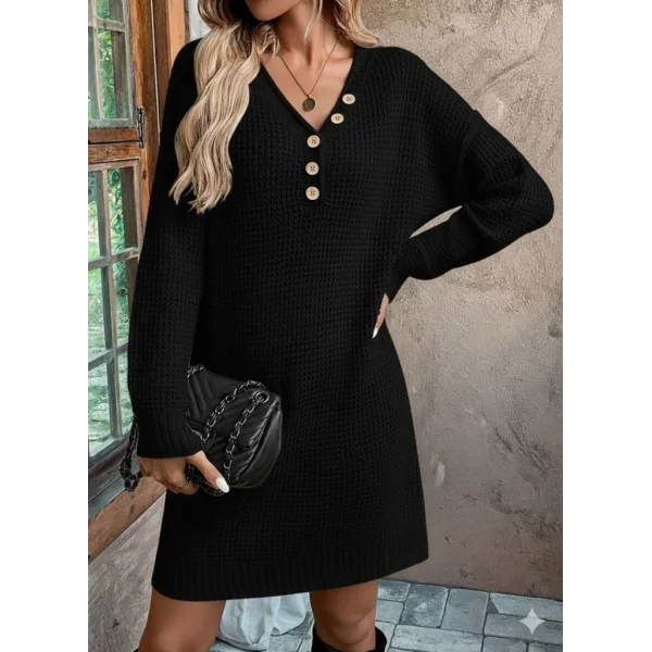 Kadın Uzun Kollu V Yakalı Düğmeli Mini Triko Elbise