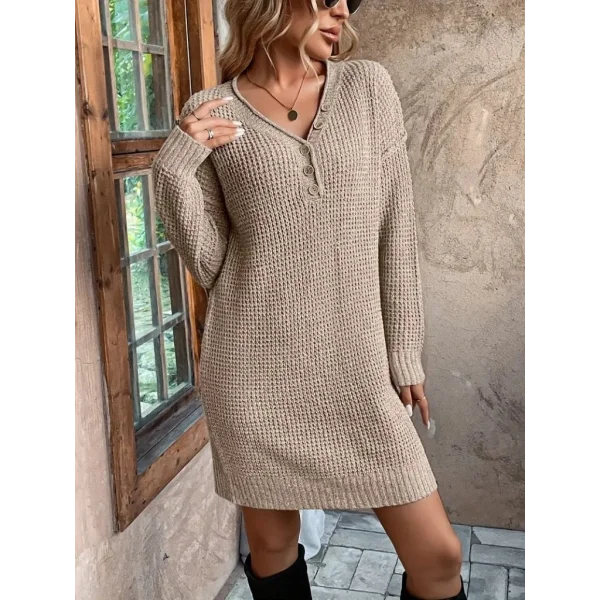 Kadın Uzun Kollu V Yakalı Düğmeli Mini Triko Taş Renkli Elbise