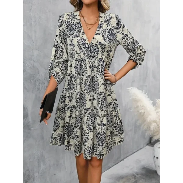 Kadın Uzun Kollu V Yakalı Fırfırlı Mini Süprem Elbise