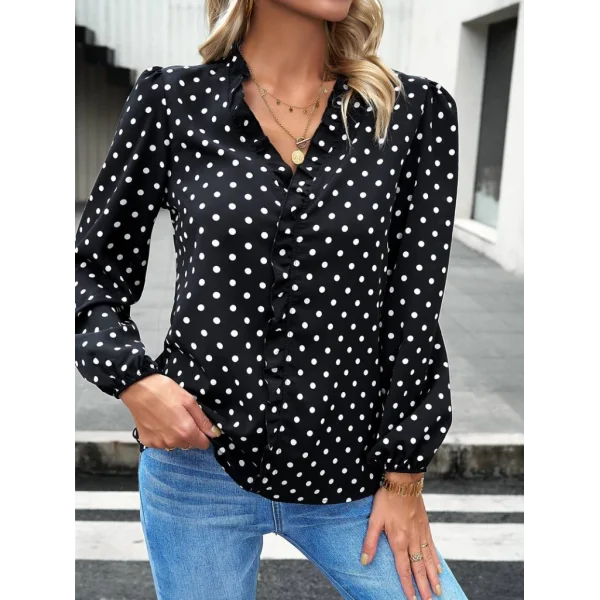 Kadın Uzun Kollu V Yakalı Fırfırlı Puantiyeli Krep Bluz