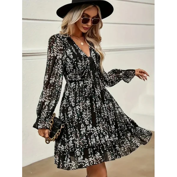 Kadın Uzun Kollu V Yakalı Fırfırlı Ve Bağcıklı şifon Mini Elbise